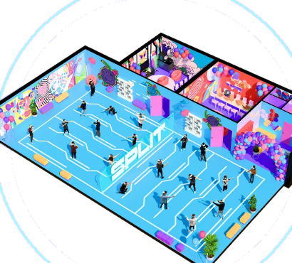 Isometric BATTLE START arena with party rooms